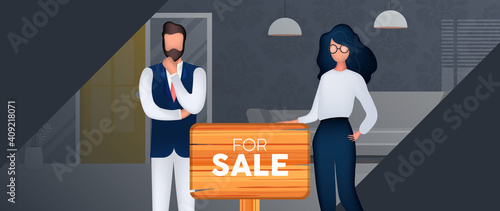 Home sale banner. A girl and a man are realtors. Apartment sale concept. Vector.