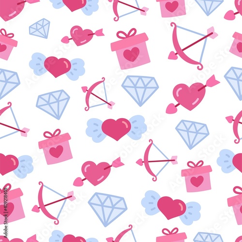 Love doodle background with valentine elements. Seamless lovely pattern. Vector hand drawn illustration