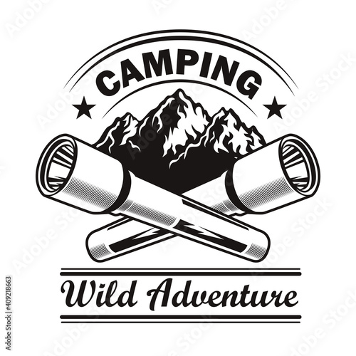 Camping club label design. Monochrome element with flashlights, mountain landscape vector illustration and text. Travel and adventure concept for stamps and emblems templates