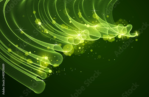 Wave of flowing magic particles over dark relaxing illustration, transparent tulle textile on wind. Round dots vector abstract background. Beautiful wave shaped array of blended points.