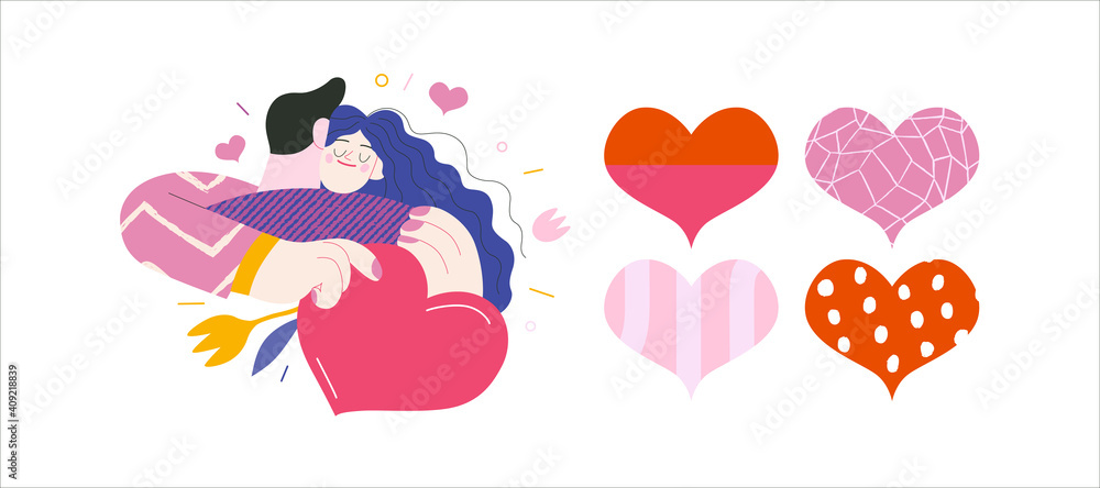 Embracing couple - Valentines day graphics. Modern flat vector concept illustration - a young hetoresexual couple hugging. Woman holds a big heart and soft. Cute characters in love concept