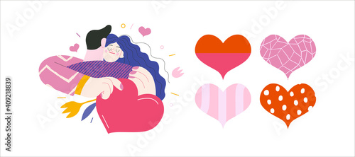 Embracing couple - Valentines day graphics. Modern flat vector concept illustration - a young hetoresexual couple hugging. Woman holds a big heart and soft. Cute characters in love concept
