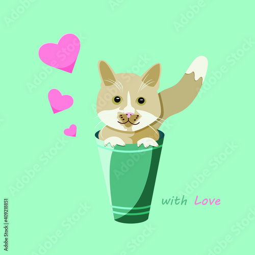 A cute cat sits in a bucket and smiles. Text With love. Hearts on a turquoise background. Vector cartoon illustration of EPS 10. Concept of love. Romance and dating holiday greeting card, poster desig