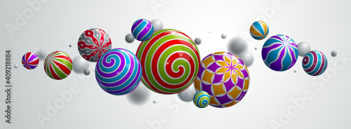 Realistic glossy spheres vector illustration, abstract background with beautiful balls with patterns and depth of field effect, 3D globes design concept art.