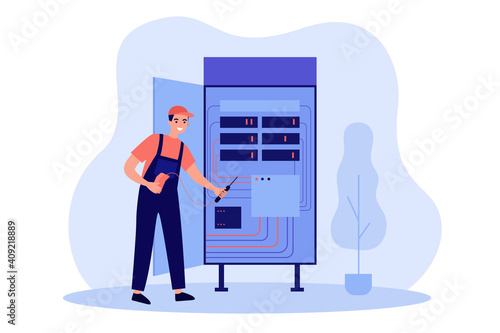 Electrician repairing electric box. Repairman using breaker at open panel with circuit in cabinet. Vector illustration for electric service work, wiring maintenance, technician job concept