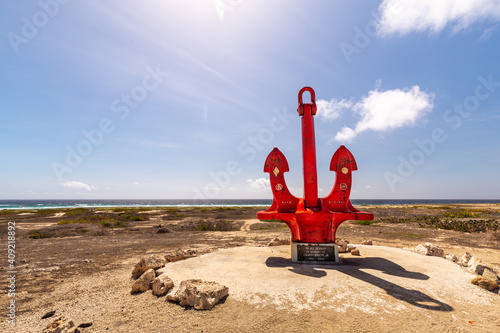 Large red anchor on Aruba's southeastern coast
