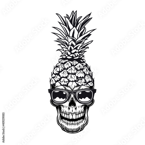 Fruit skull emblem design. Monochrome element with skeleton head in sunglasses and pineapple peel vector illustration. Summer tropical party concept for symbols or tattoo templates