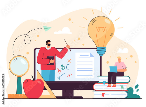 Student guy studying on internet, watching online lecture on computer, talking to math tutor through video call. Vector illustration for knowledge, distance education, learning from home concept