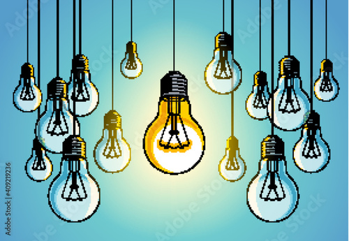 Light bulbs beautiful vector illustration with single one shining, idea concept, think different, stand out of crowd, creative inspiration.