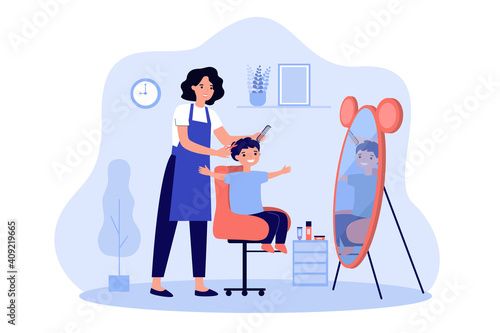 Children barber cutting boys hair. Female hairdresser with scissors and brush doing kids haircut. Vector illustration for beauty salon for kids, barbershop, hairdressing job concept