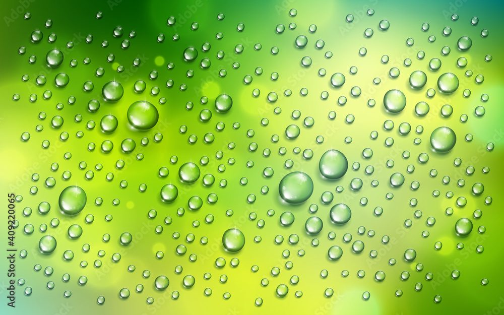 Water rain drops or condensation over blurred green nature background beyond the window, realistic transparent 3d vector illustration, easy to put over any background.