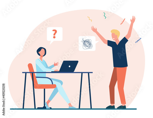 Man shouting on woman working on laptop. Computer, husband, scolding flat vector illustration. Relationship and quarrel concept for banner, website design or landing web page