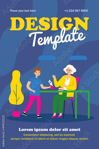 Senior woman sitting at table and grandson giving her tea. Grandmother, cake, home flat vector illustration. Family and relationship concept for banner, website design or landing web page