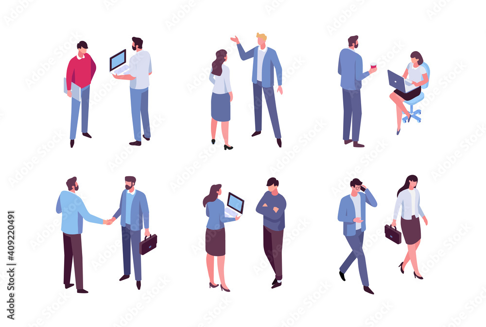 Office life. Isomeric business people vector set. Flat vector characters isolated on white background..