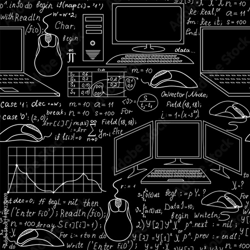 Technical vector seamless pattern with programming code, charts and flow diagrams, formulas, technical devices and schemes