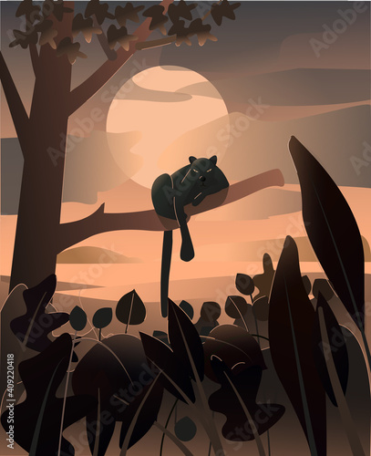 Black panther sitting on the tree at night . Beautiful background with full moon. Vector illustration for print and decoration