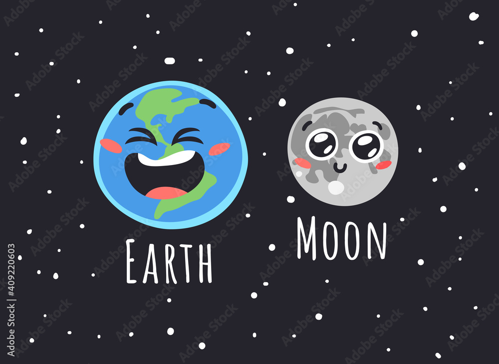 Fototapeta premium Hand Drawn Childish Illustration Our Home in Cosmos. Vector Drawing Planet Earth and Satellite Moon in Space. Cartoon Solar System object 