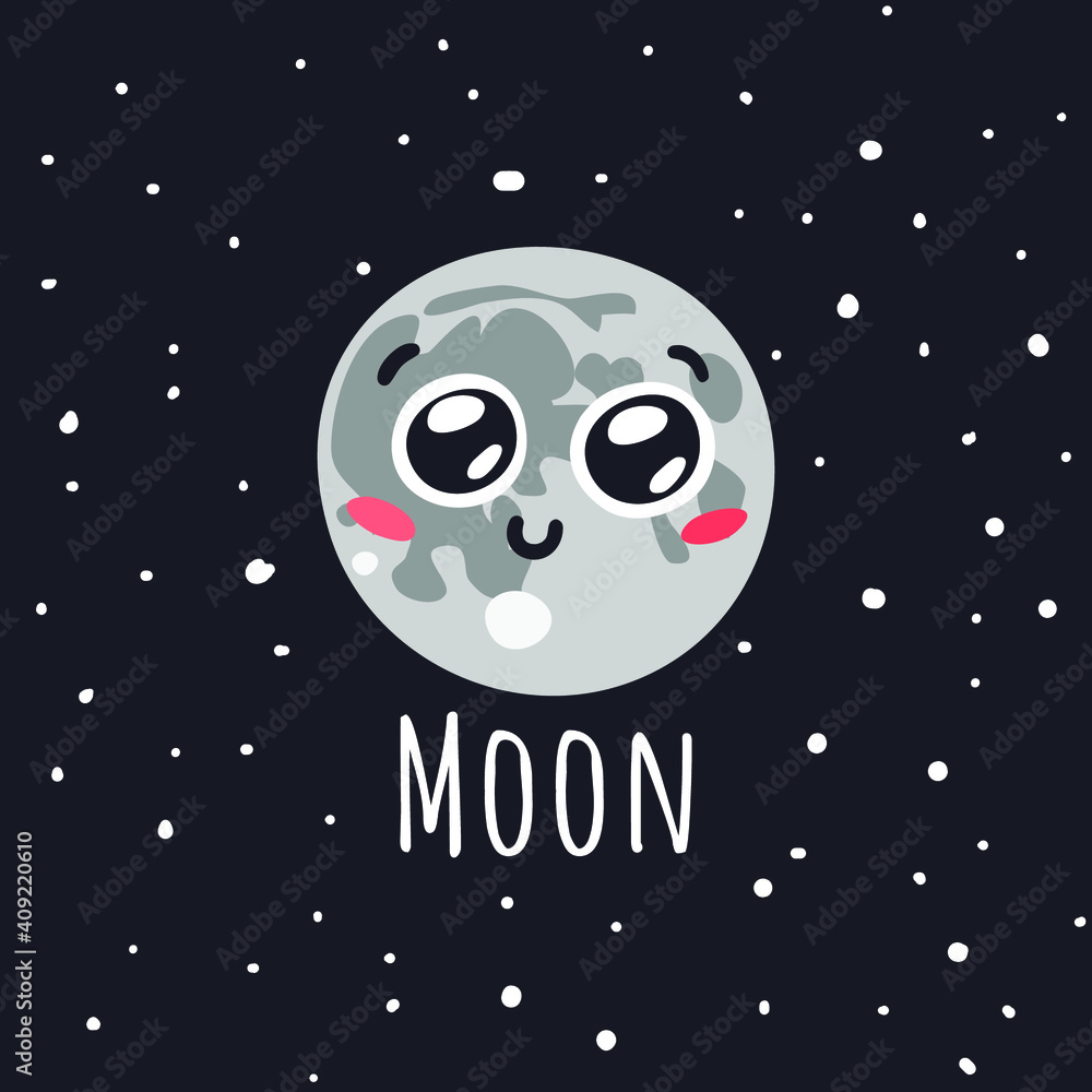 Fototapeta premium Hand Drawn Childish Illustration Moon Cosmos. Vector Drawing Satellite in Space. Cartoon Solar System object