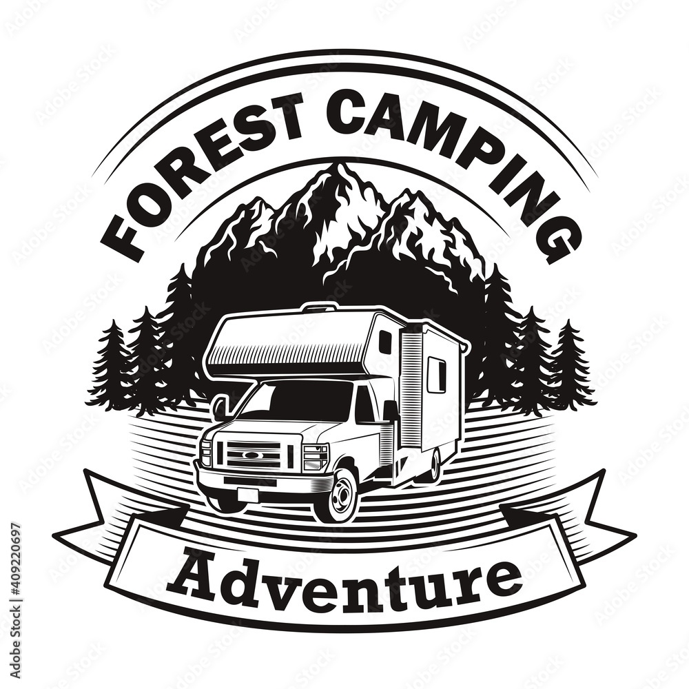 Forest camping label design. Monochrome element with camper vehicle, mountain landscape and text on ribbon. Transport or adventure travel concept for stamps and emblems templates