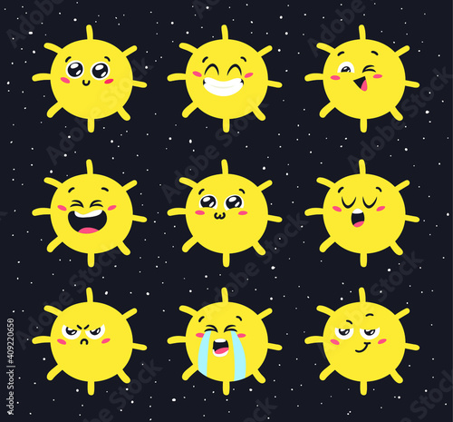 Set of Emoji Hand Drawn Childish Illustration Sun in Cosmos. Vector Drawing Star in Space. Cartoon Solar System object Emoticon