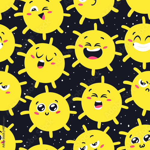 Hand Drawn Seaamless Pattern with Childish Illustration Sun in Cosmos. Vector Drawing Star in Space. Cartoon Solar System object