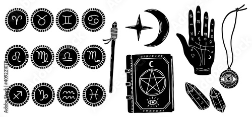 Palm with the image of lines and signs of the zodiac, planets. Magical and mystical symbols. Occult and esoteric subjects.