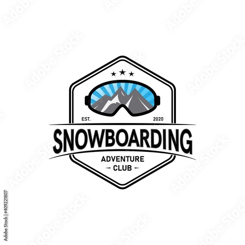 Snowboard goggles logo and label template. Winter snowboard sports shop badge. Extreme insignia and stamp. Emblem of Mountain Adventure, patch. Vector vintage bright palette. Retro design.