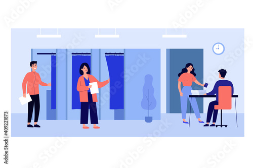 Electorate people voting in booths at election poll. Government representative making records. Vector illustration for election campaign, democracy, politics concept