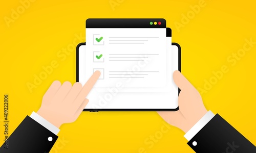 Online survey illustration. Check list online form on the tablet. Report on website or web internet survey. Browser window with check marks. Vector on isolated white background. EPS 10