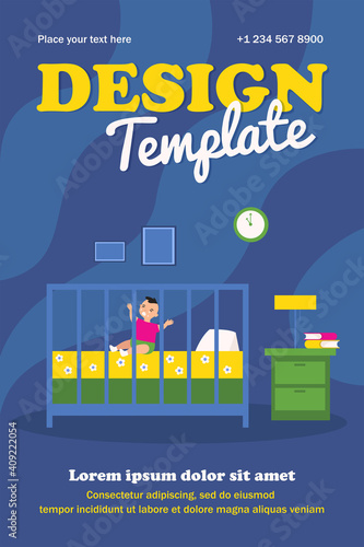 Little baby crying in cot at night. Room, newborn, toddler flat vector illustration. Childhood and weeping concept for banner, website design or landing web page