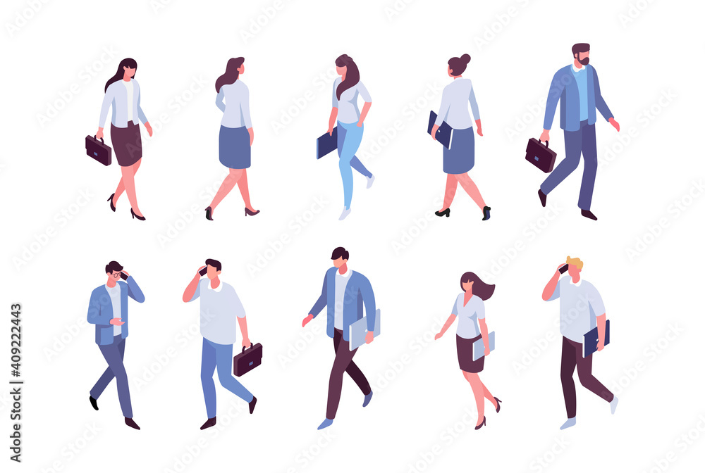 Isomeric business people vector set. Walking people. Flat vector characters isolated on white background.	