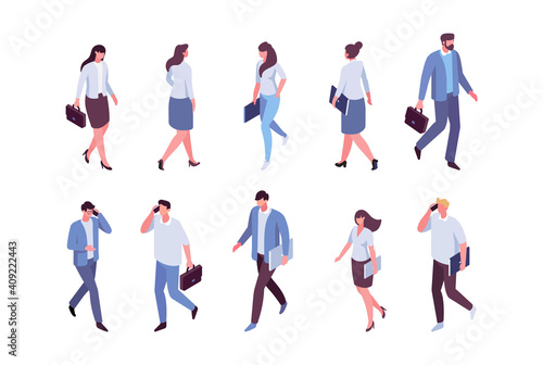 Isomeric business people vector set. Walking people. Flat vector characters isolated on white background. 
