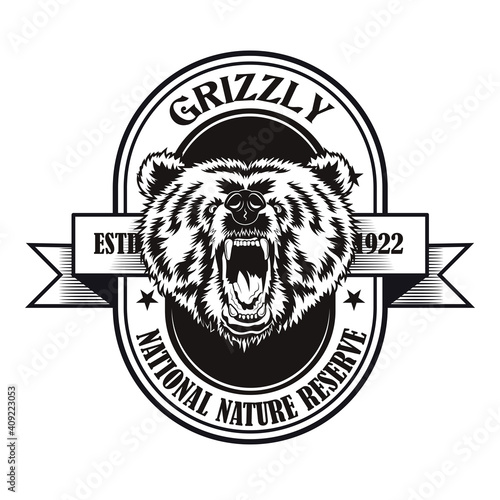 Grizzly reserve symbol design. Monochrome element with roaring bears head vector illustration with text on badge. National park concept for stamps and emblems templates