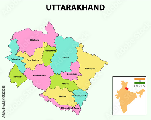 Uttarakhand Map. Showing State boundary and district boundary of Uttarakhand map. 