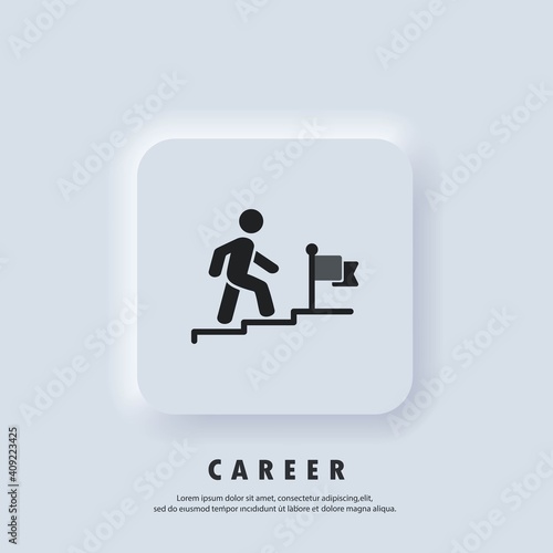 Success logo. Career icon. Businessman walking upstairs to the flag. Progress and achievement the goal. Aspirations, growth, leadership. Vector. Neumorphic UI UX white user interface web button.