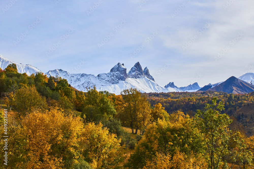 Mountain landscape of Aiguilles d Arves and autumn trees in French Alps - Albiez - Savoy
