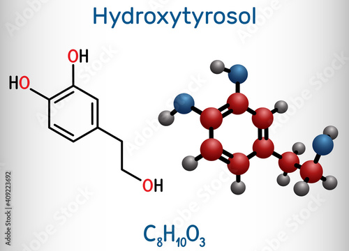 Hydroxytyrosol molecule. It is catechol, phenolic phytochemical occurring in extra virgin olive oil, with antioxidant, anti-inflammatory activities. Structural chemical formula, molecule model