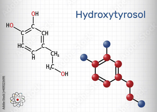 Hydroxytyrosol molecule. It is catechol, phenolic phytochemical occurring in extra virgin olive oil, with antioxidant, anti-inflammatory activities. Sheet of paper in a cage
