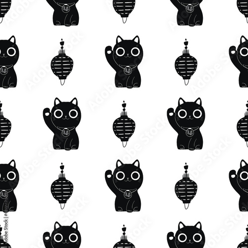 Seamless pattern Asian, Japan  culture. Kokeshi, maneki Neko, lantern, crane