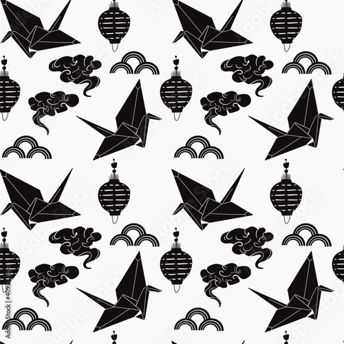 Japan symbol Crane flying on seamless background