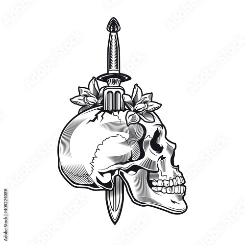 Dagger and flowers tattoo design. Monochrome element with skull pierced with retro knife vector illustration in vintage style. Blade weapon concept for symbols or emblems templates
