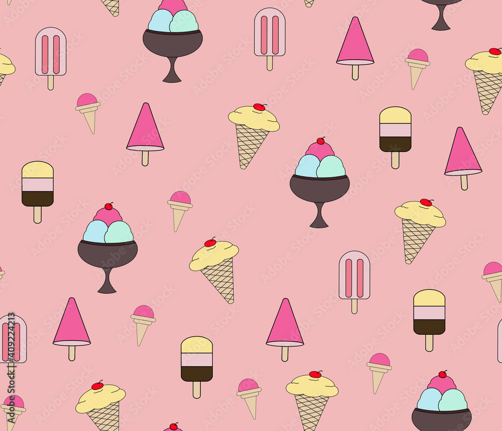 Drawing of different varieties of ice cream on a pink background ...