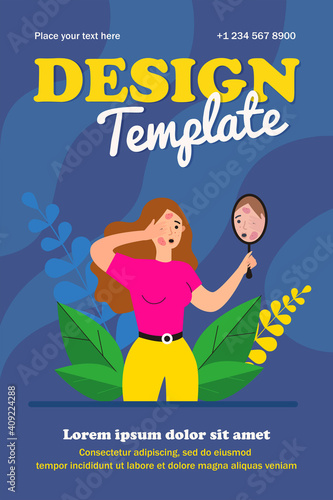 Woman finding rash on her face. Upset girl looking in mirror flat vector illustration. Acne, skin problem, disease symptom concept for banner, website design or landing web page