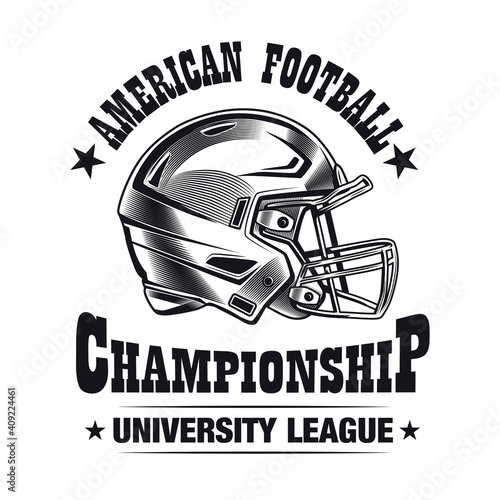 Rugby university league label design. Monochrome element with players helmet vector illustration with text. American football concept for stamps and emblems templates