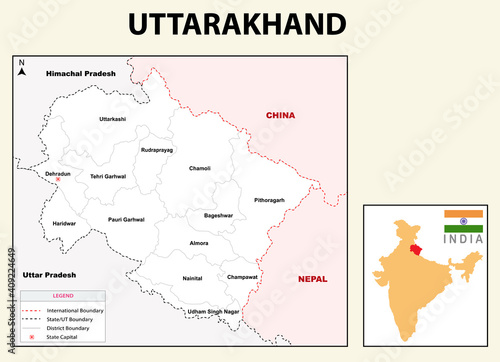 Uttarakhand Map. Political and administrative map of Uttarakhand with the district name. 