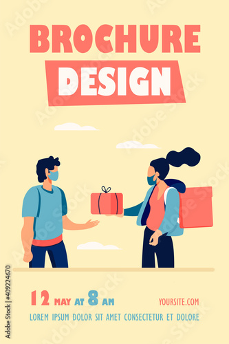 Young courier in mask delivering box to client. Parcel, package, quarantine flat vector illustration. Delivery service and pandemic concept for banner, website design or landing web page