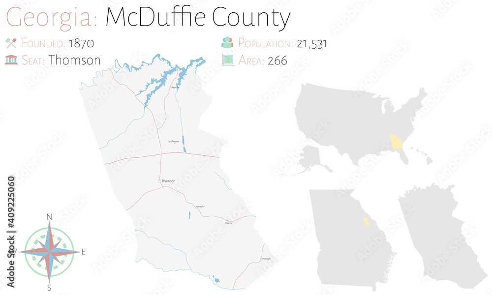 Large and detailed map of McDuffie county in Georgia, USA.