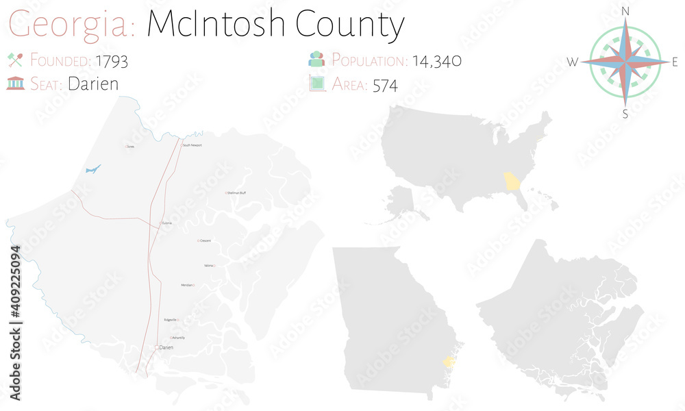 Large and detailed map of McIntosh county in Georgia, USA.