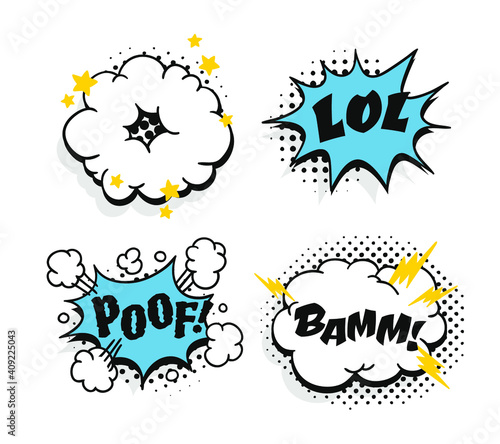Pop art speech bubble drawing with text. Cartoon style vector collection of frames. Comic illustration on color background