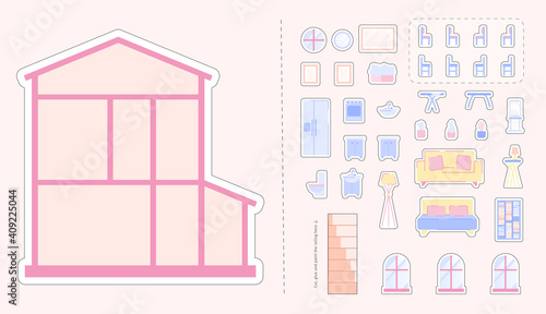 Cut and glue game - Design home of a dream. Big paper game with cottage house, set of furniture and many accessories